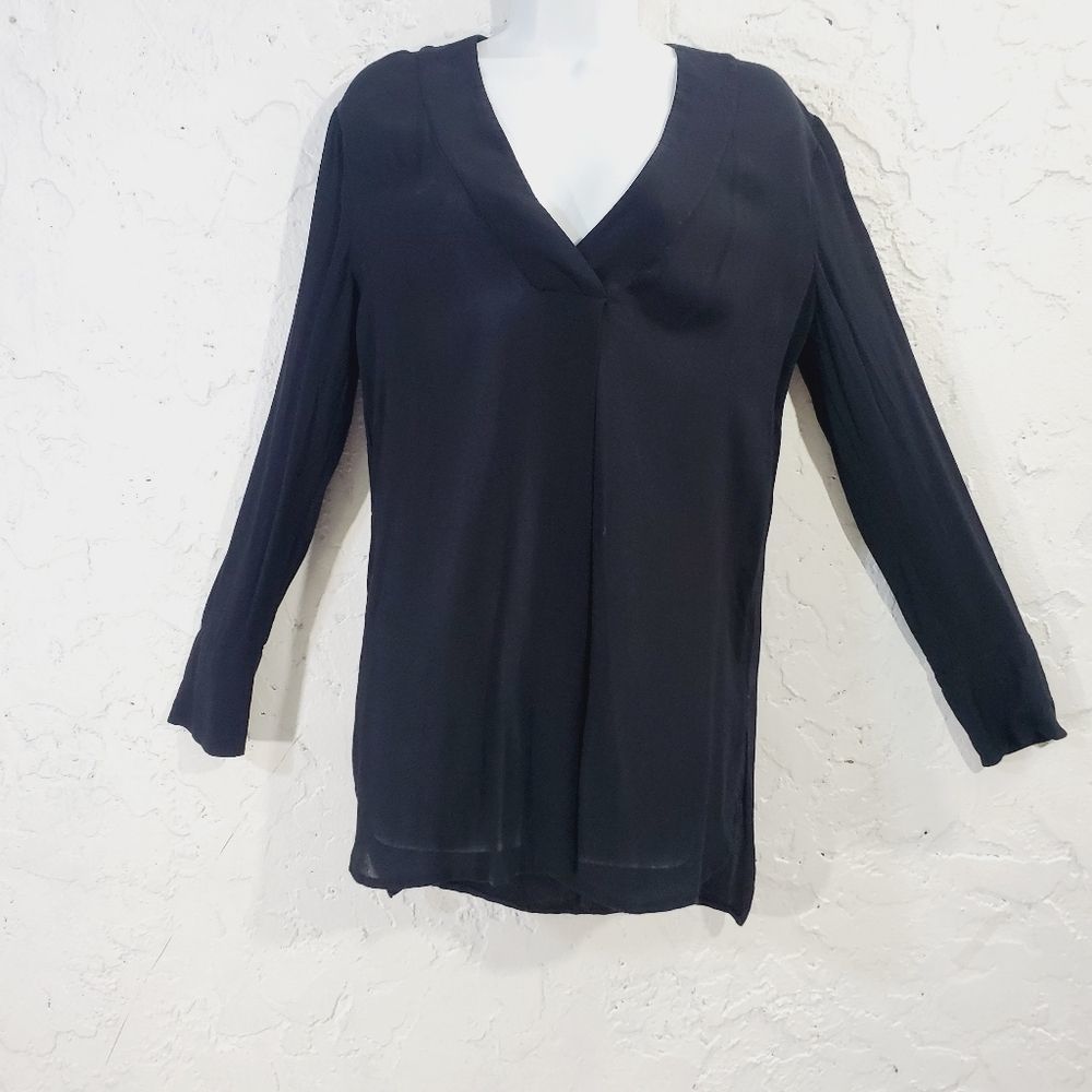 Vince  sheer  V neck Long sleeve  solid black silky blouse size  small - Picture 2 of 15
